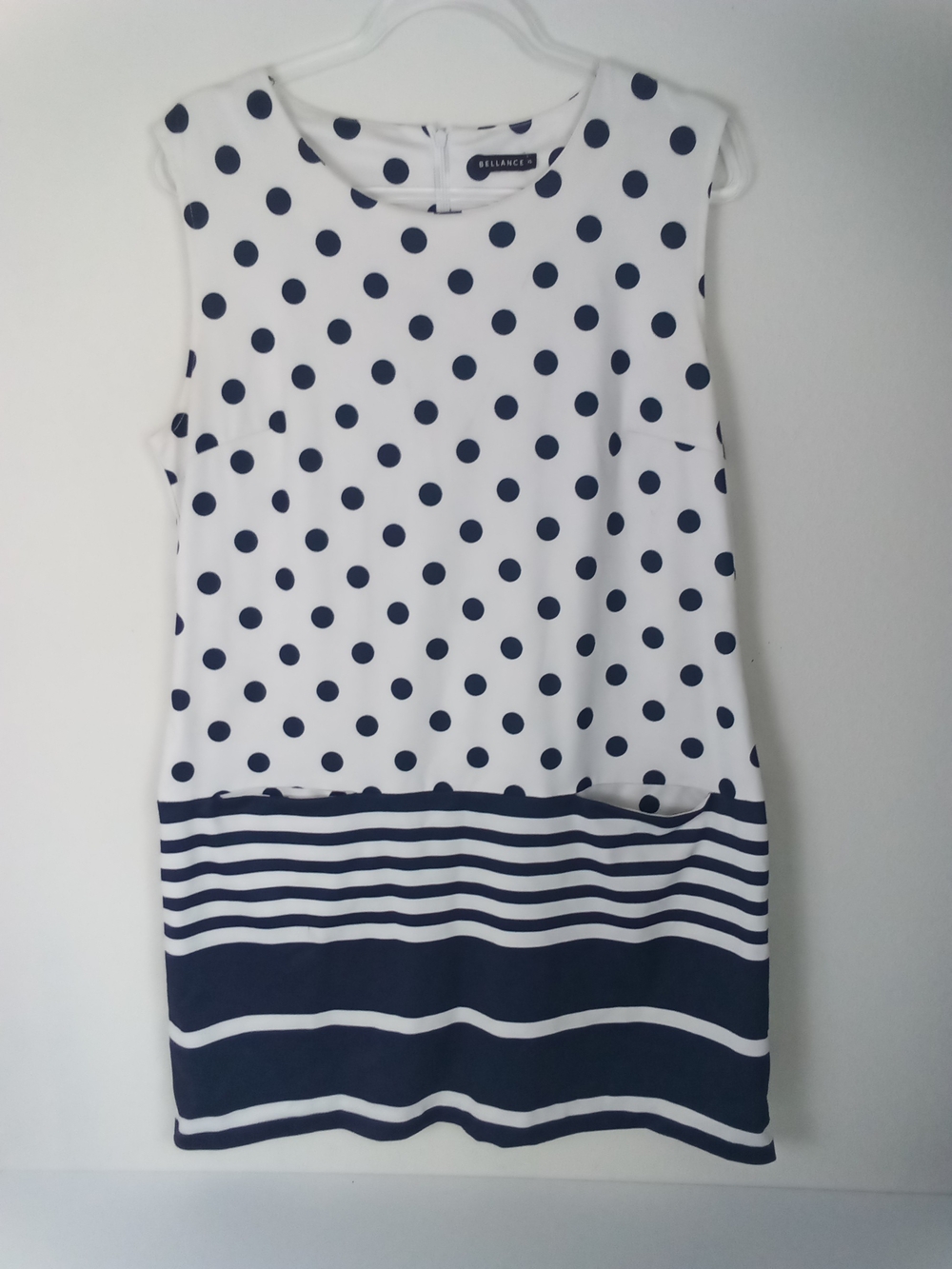White Navy Polka Dot  Stripe Sleeveless Shift Dress Midi Pockets Size XL EUC